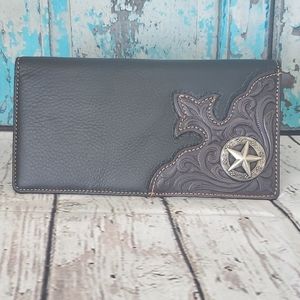 Tooled Genuine Leather Long Bi-Fold Wallet, Black